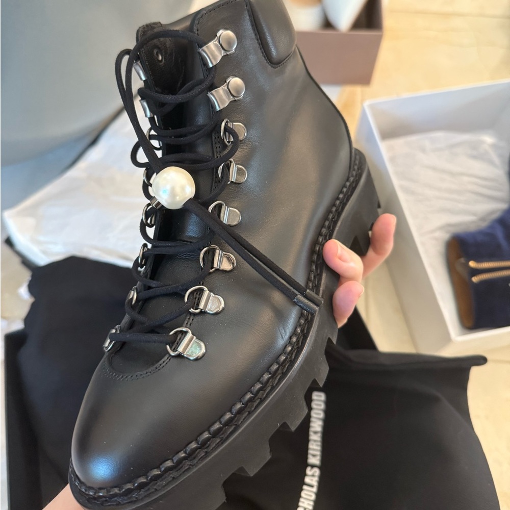 Nicholas Kirkwood Leather Lace-Up Boots with Pearl Detail